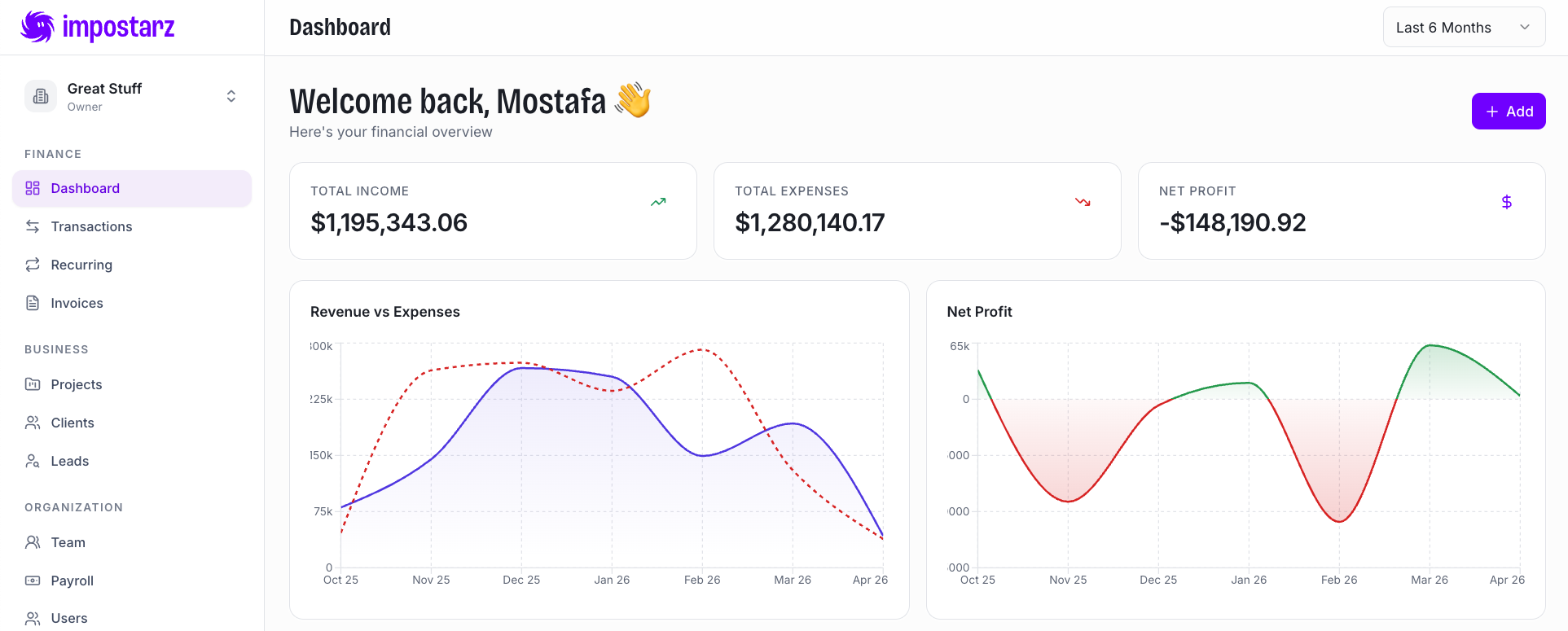 Impostarz dashboard showing income, expenses, and invoice management